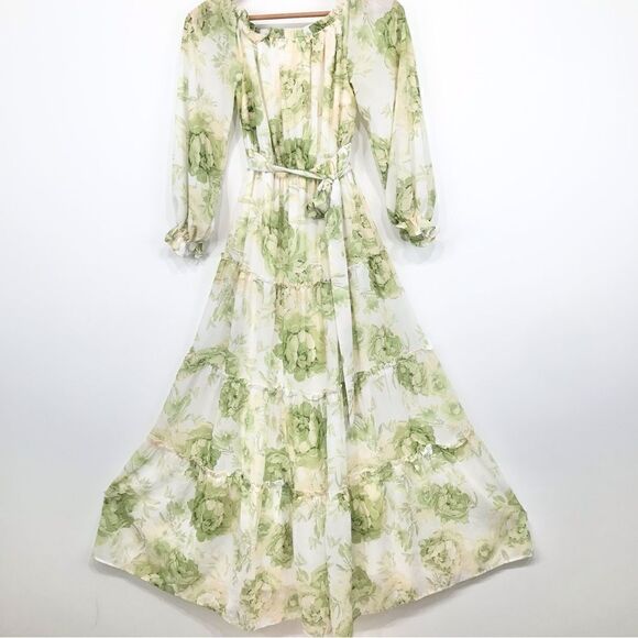 Flying Tomato Cream Green Floral Off Shoulder Flowy Tiered Belted Maxi Dress - Picture 6 of 16